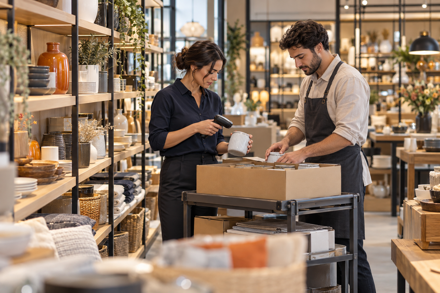 Retail team checking stock in a homewares store
