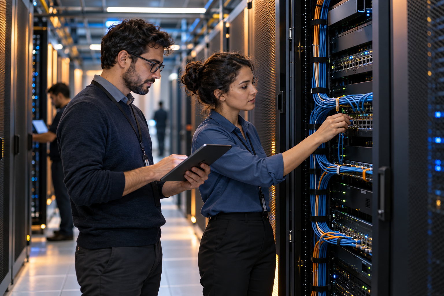 Network engineers collaborating in a data center