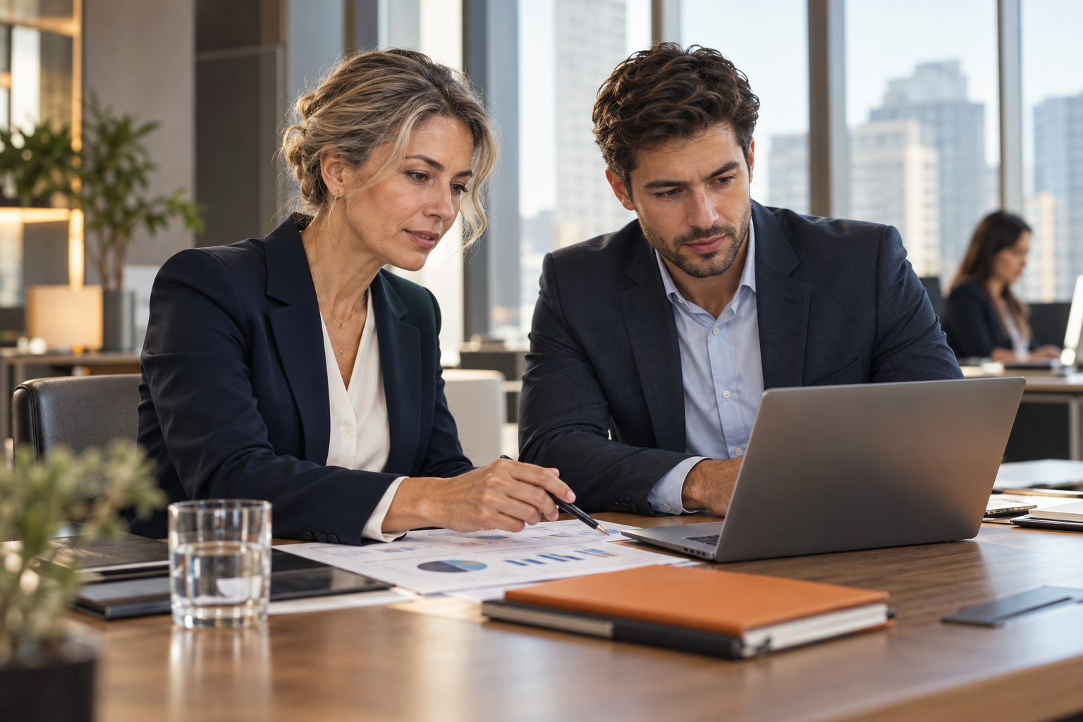 Financial operations professionals reviewing reports