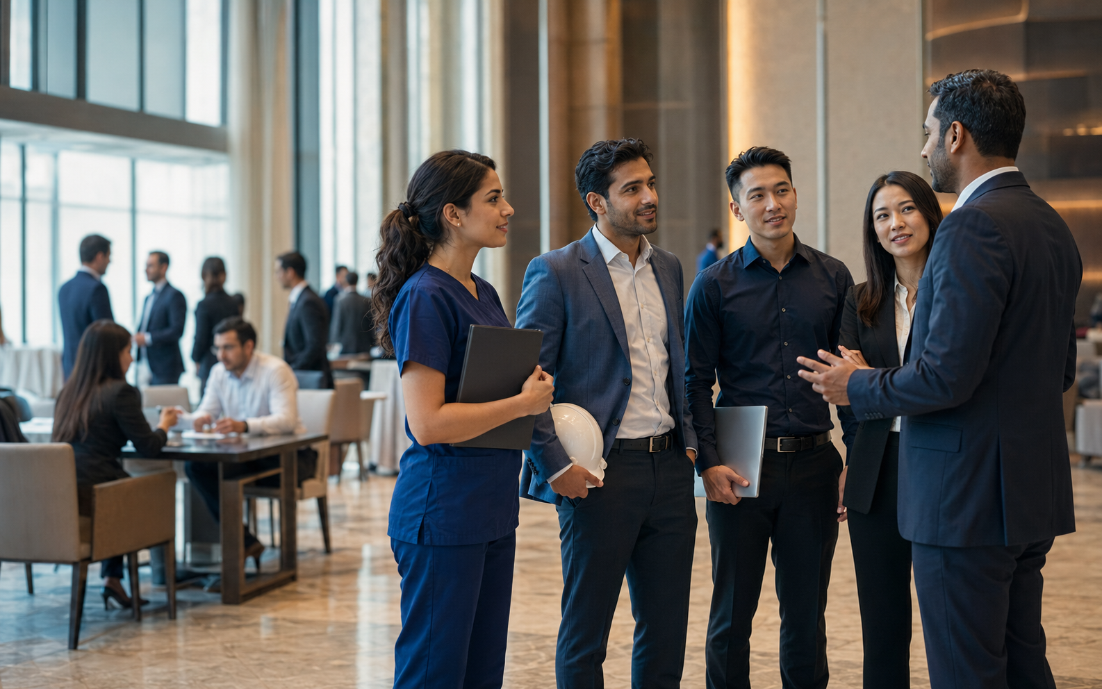 Employers and recruitment specialists discussing talent needs at a professional event in Doha