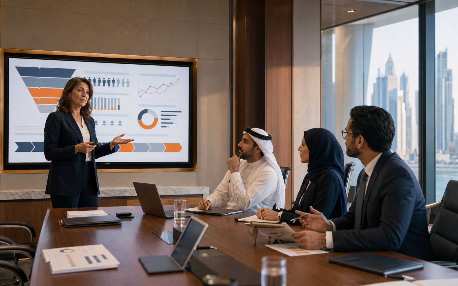 Recruitment consultant presenting a hiring strategy to company leaders in Qatar
