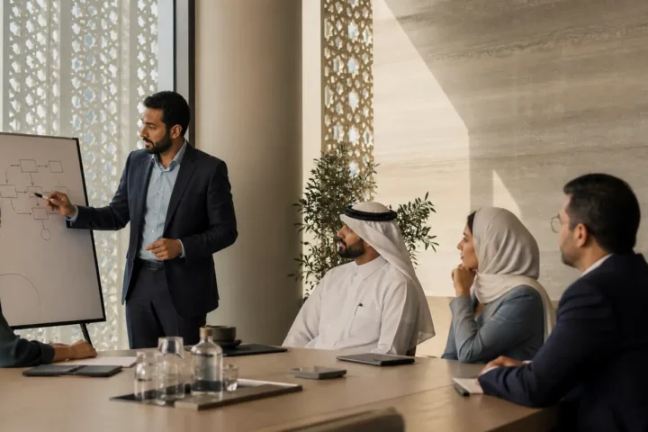 Business colleagues reviewing documents together at a meeting table beside a window