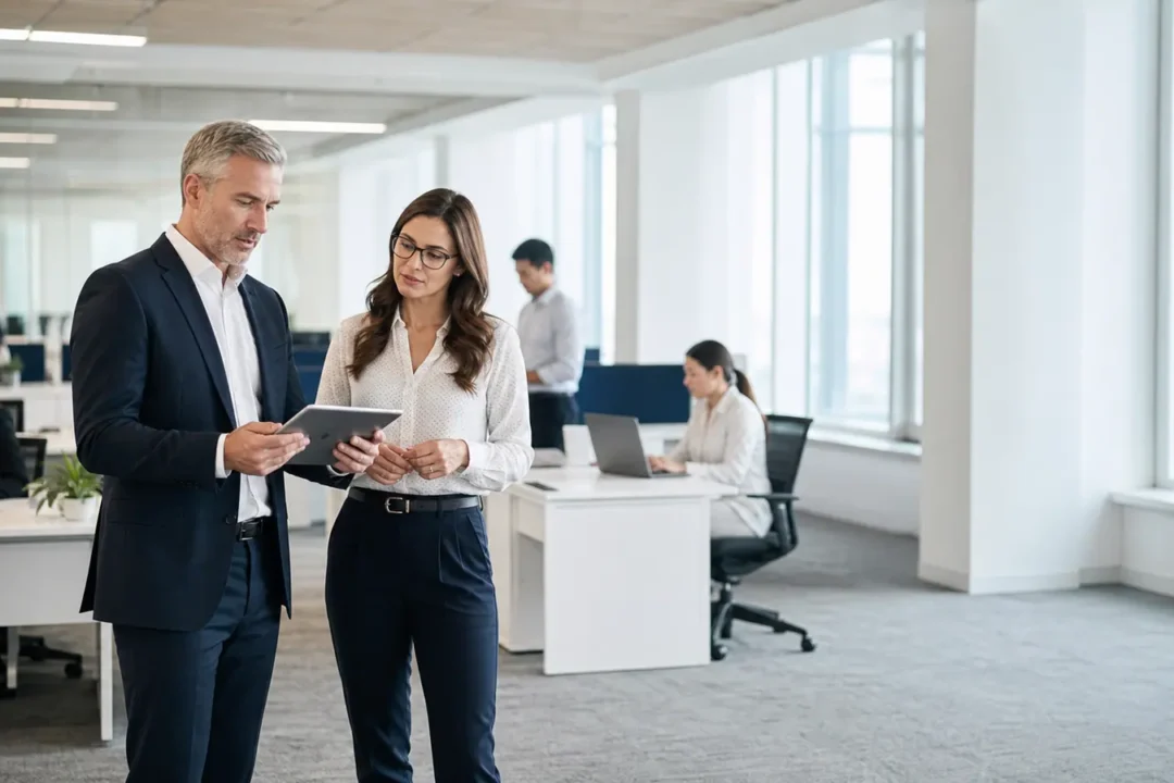 Two managers walking through an operations floor while reviewing a tablet