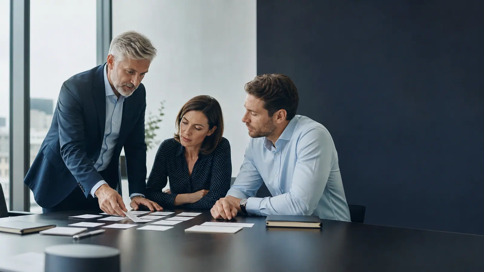 Consultants mapping a requirement on a wall board during a working session