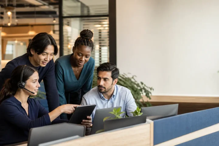 Customer support team leader helping an agent at a shared workstation