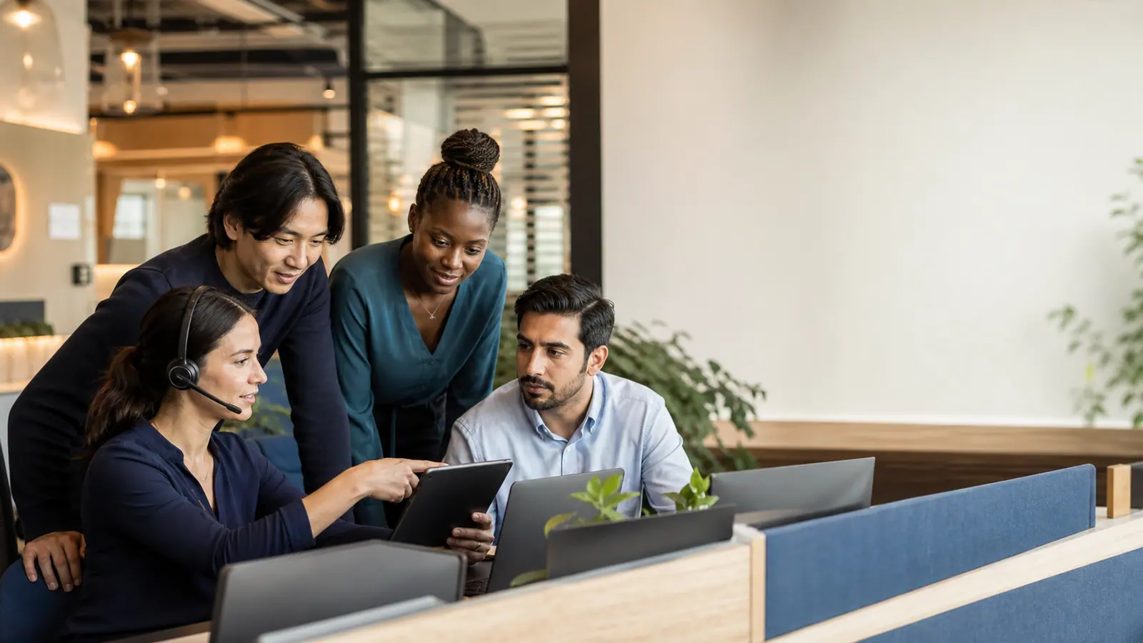 Customer support team leader helping an agent at a shared workstation