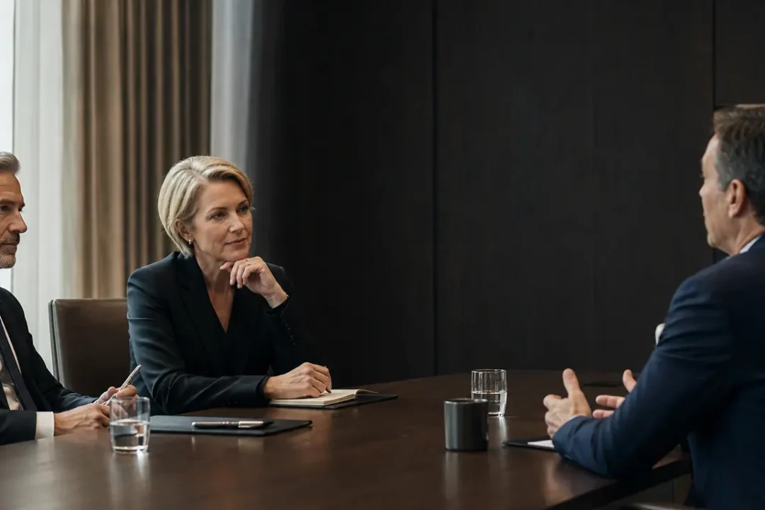 Three senior executives in a confidential interview conversation in a dark boardroom