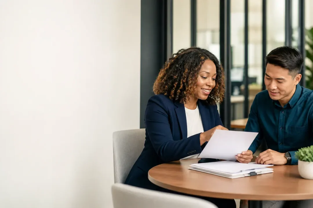 HR adviser going through employee paperwork with a colleague at a meeting table