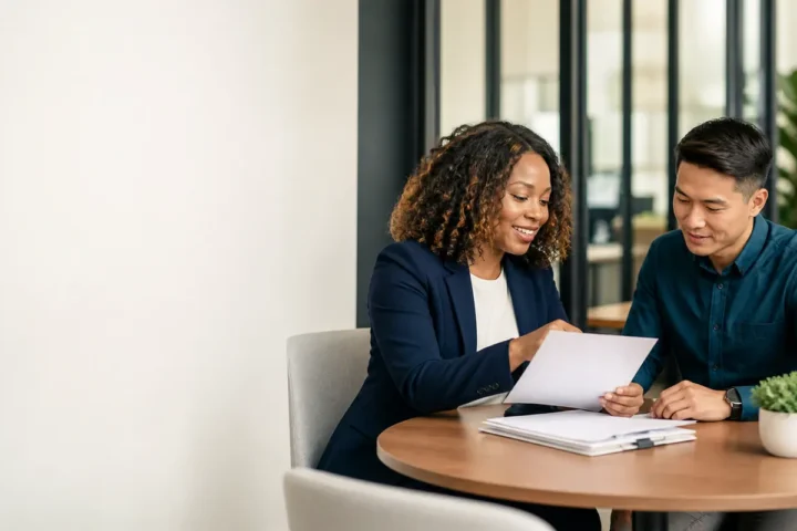 HR adviser going through employee paperwork with a colleague at a meeting table