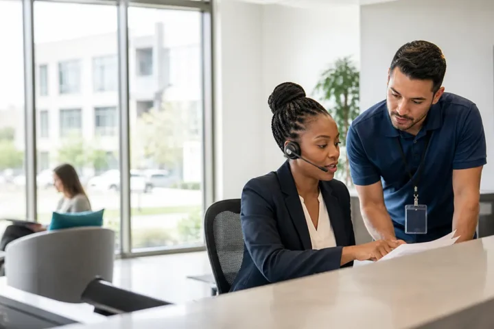 Support agent taking a tenant call at a property management service desk