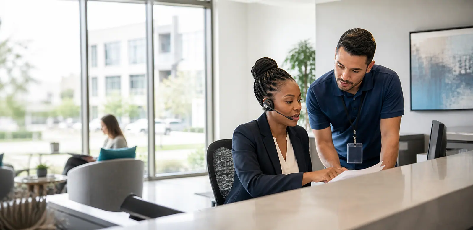Support agent taking a tenant call at a property management service desk
