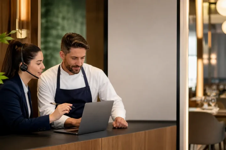 Restaurant manager and reservations agent checking bookings on a laptop at a host stand