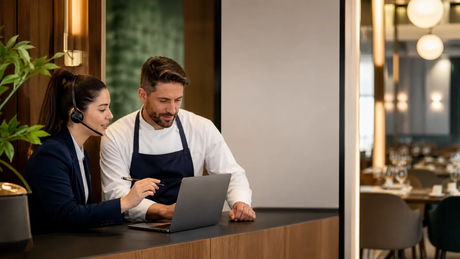 Restaurant manager and reservations agent checking bookings on a laptop at a host stand