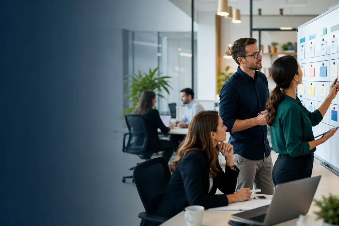 Two recruiters reviewing a candidate pipeline board with a colleague in an office