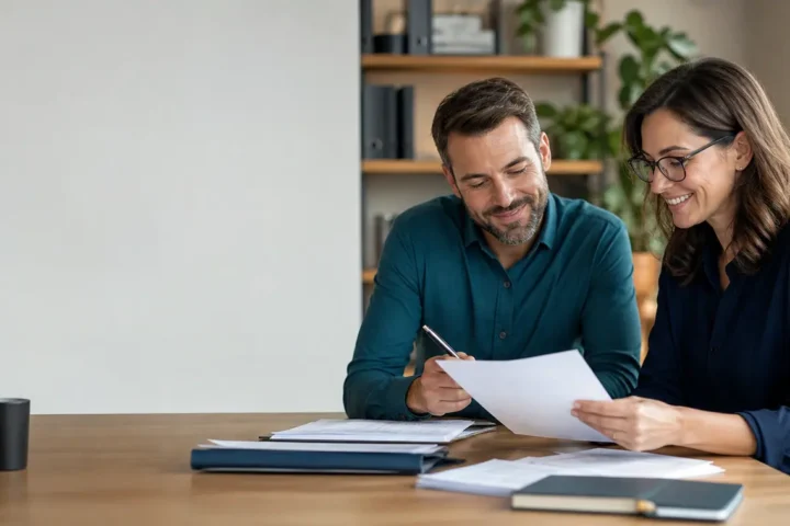 Two business owners reviewing HR paperwork together at a desk