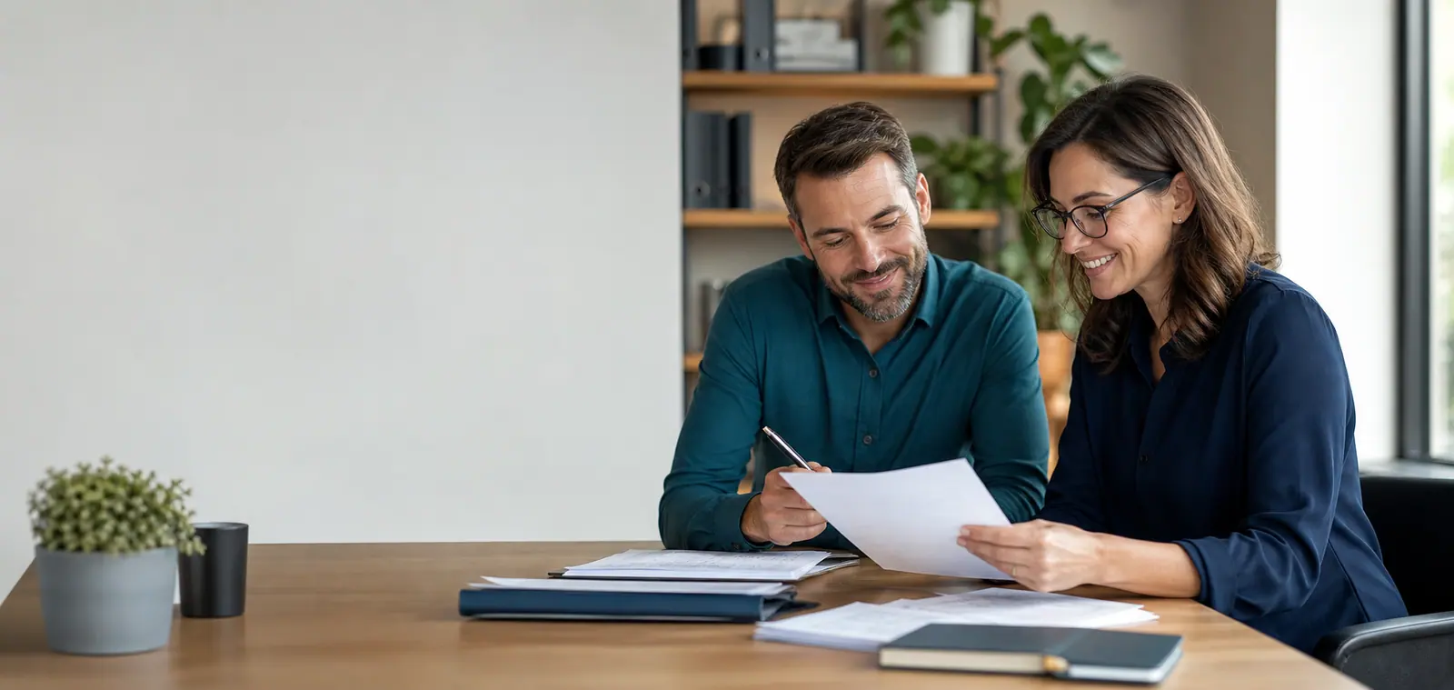 Two business owners reviewing HR paperwork together at a desk